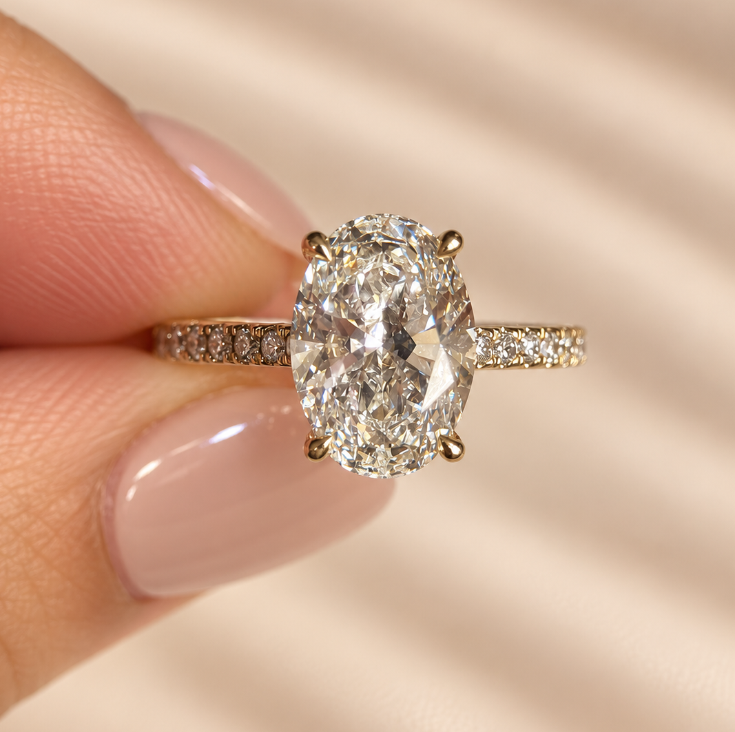 4.25 Carat Oval Cut Hidden Halo Diamond Engagement Ring